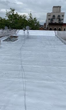 Reflective flat-roof surface around a low-profile skylight.